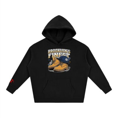brooklyns finest hoodie, ny streetwear graphic hoodie, timberland boot pullover, oversized unisex black hoodie, new york city heavyweight sweatshirt