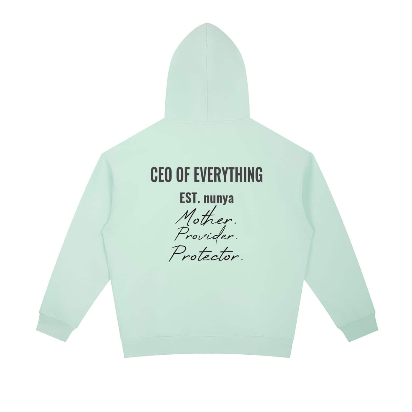 Shop the CEO of Everything Heavyweight Boxy Hoodie in Mint Green! Premium thick fleece, oversized fit & bold mom statement text. Cozy streetwear perfection.