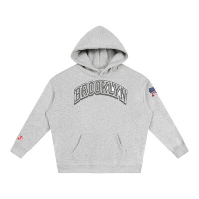 grey vintage Brooklyn college hoodie," "aesthetic New York city streetwear sweatshirt," "comfortable unisex arch text hoodie."